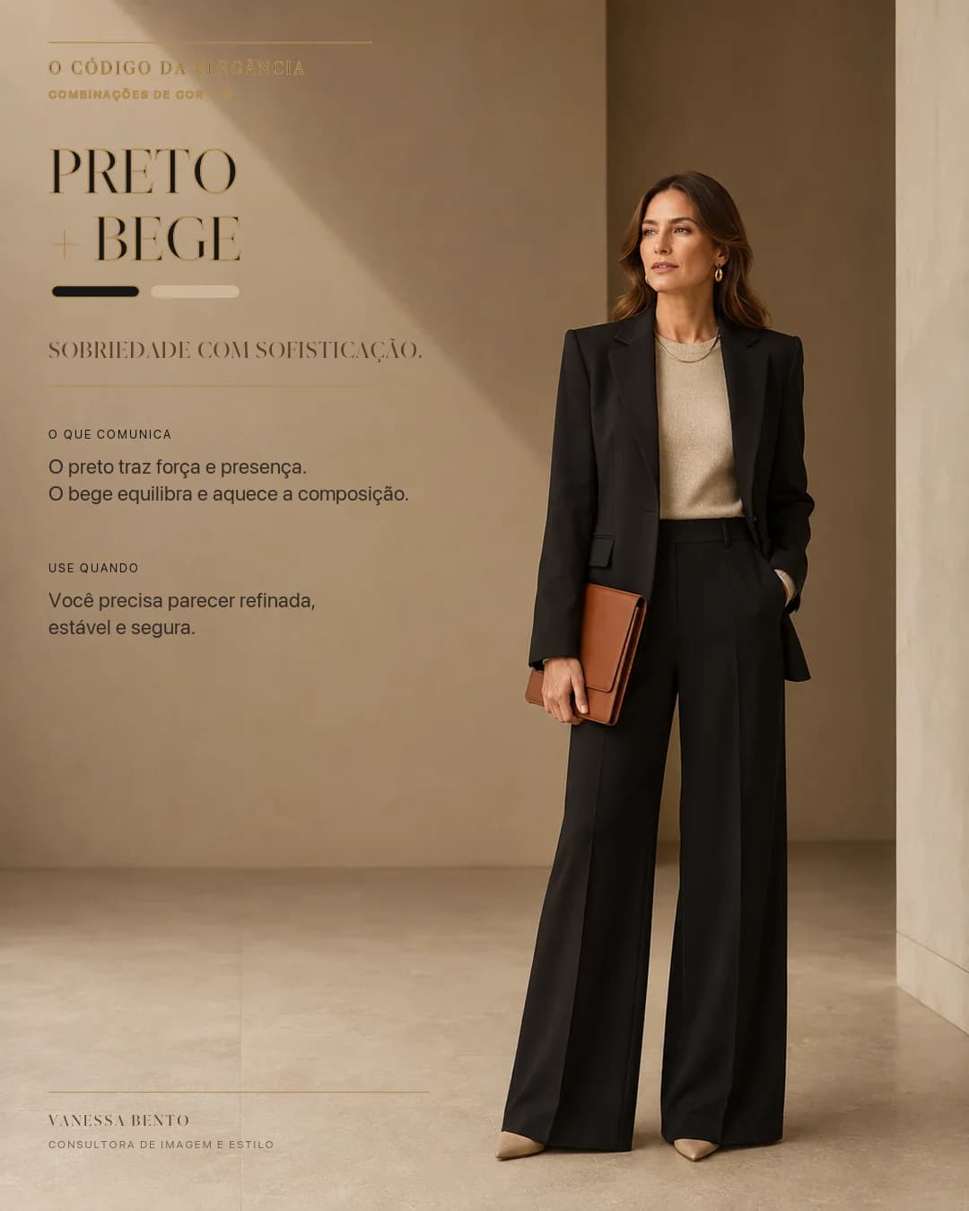 Página do guia com a combinação Preto + Bege: Sobriedade com sofisticação